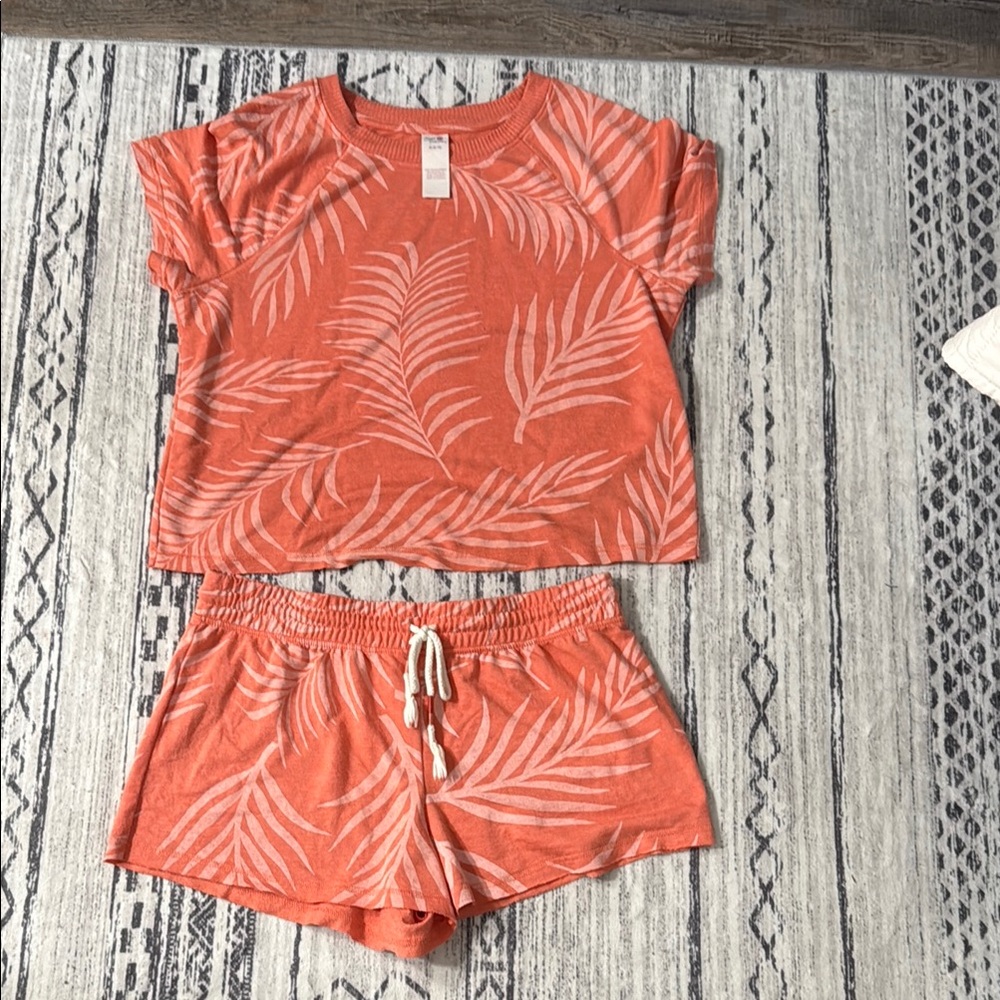 Coral Leaf Print Pajama Set